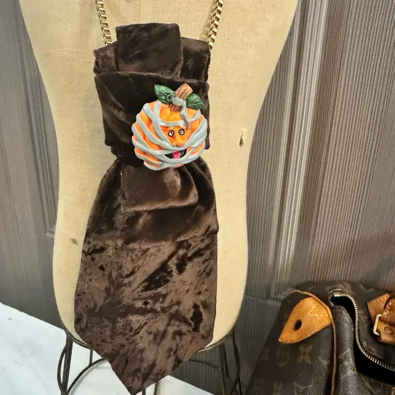 Halloween Vintage Tie Necklace with Pumpkin Brooch - Brown Velvet Tie and Pumpkin Brooch