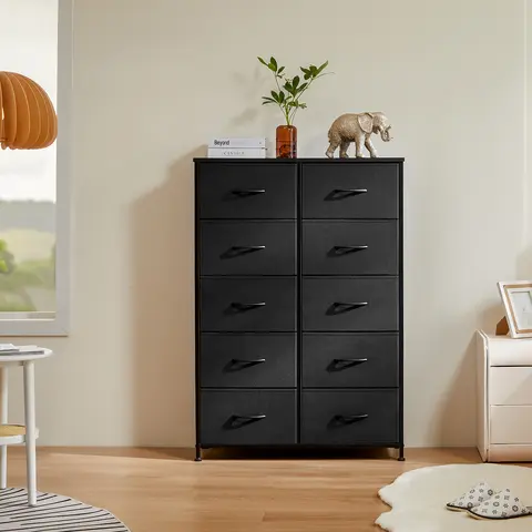 Sweetcrispy Durable Metal Frame Modern Bedroom Dresser - Fabric Storage Tower with 10 Drawers, Wood Top, Fabric Chests Drawers for Organization, No Fire Safety Label, Assembly Required for Bedroom, Closet