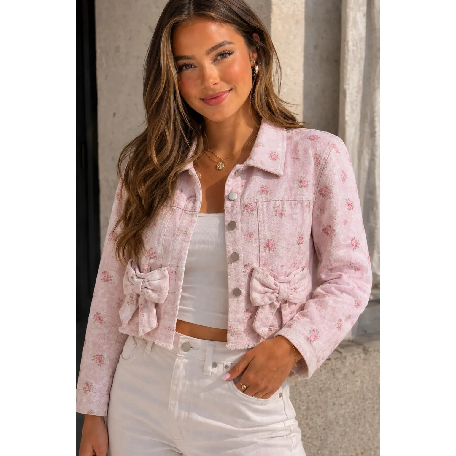 Emily Floral Bow Pocket Denim Jacket
