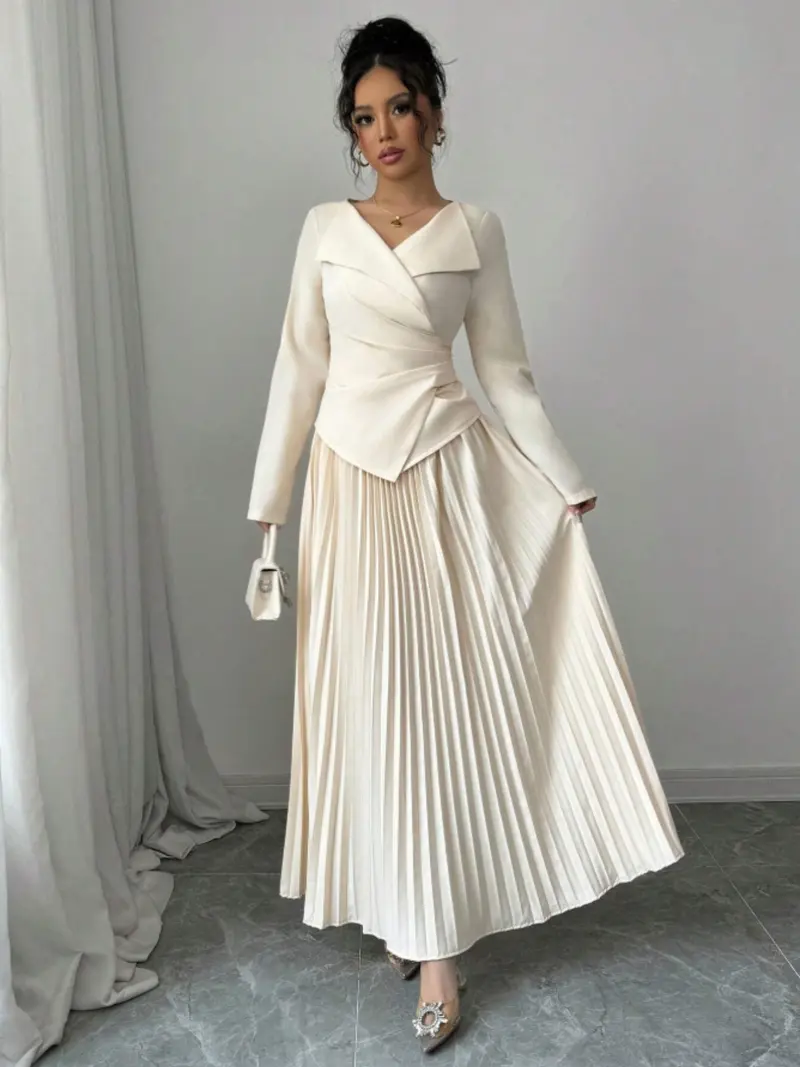 chinese dress ladies Solid Dresses for Women 2024 Mock Neck Long Sleeve Pleated A Line Dress  Elegant High Waist Maxi Dress with Belt Black at Amazon Women's Clothing  store