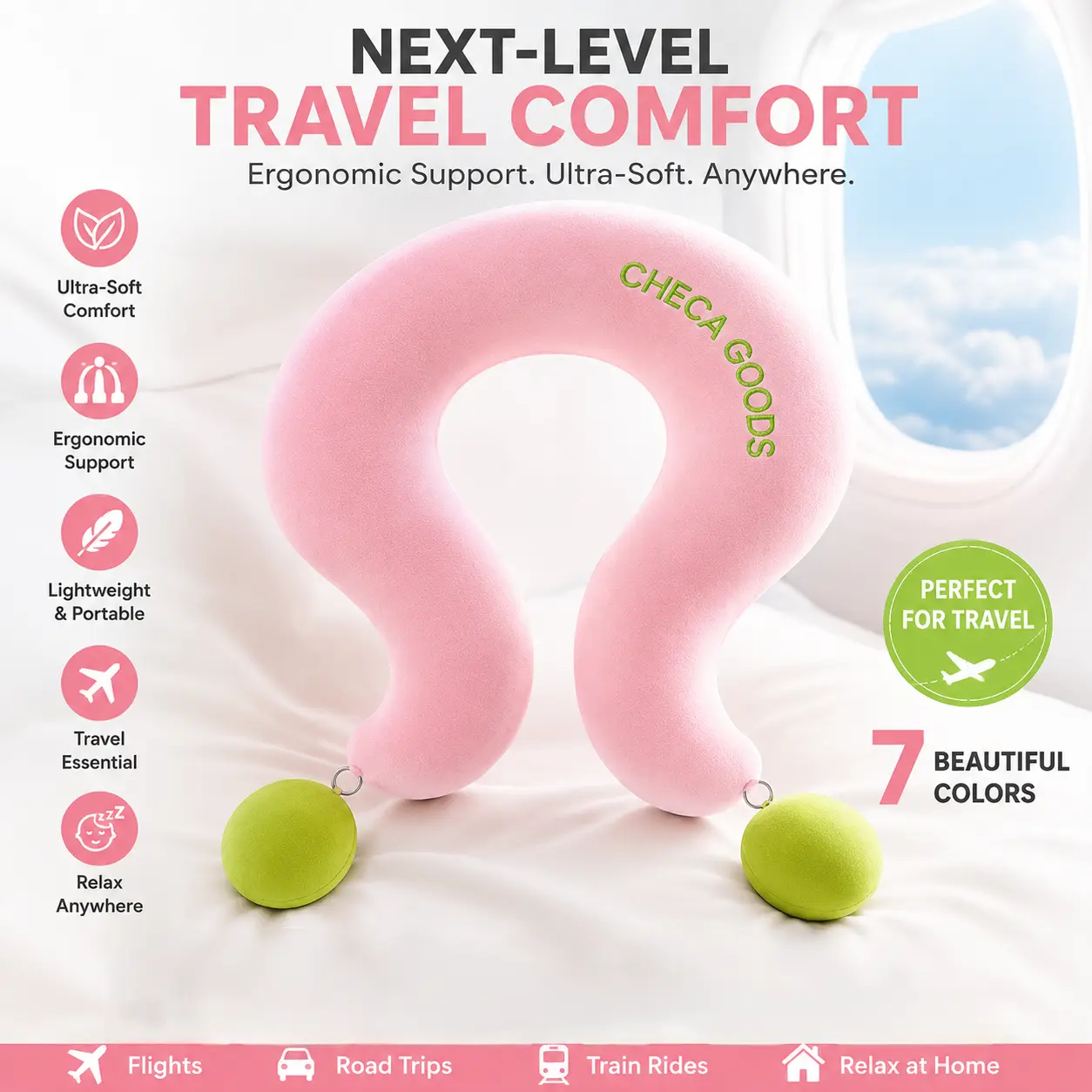 Travel Pillow, U Shaped Neck Pillow with Arm Support Balls, Ultra Soft Sleeping Pillow with Head & Neck Support for Airplane Flights, Car Trips, Train Travel and Long Distance Travel， campingessentials