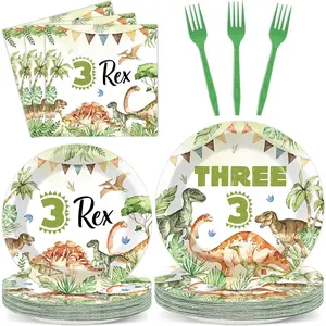 96PCS Dinosaur 3rd Birthday Party Paper Plates and Napkins and Forks Set Watercolor Dino Rex Tableware Set Three Rex Theme Dinnerware Paper Plates for Kids Birthday Gatherings Decorations