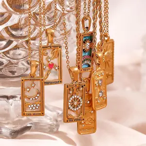 SIXFOX Manifestation Tarot card Series Necklace Dainty Spiritual Healing Jewelry Titanium Steel Hypoallergenic Colorful Enamel Delicate Mother Of Pearl fashion Crystal Pendant necklace Stack Idea for women