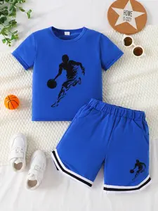 Two-piece Set Boy's Figure Print Short Sleeve Sporty Jersey Tee & Elastic Waist Basketball Shorts, Athletic Casual Round Neck T-shirt & Track Shorts, Summer Clothes for Kids Outdoor Wear, Clothing Set, Sports Clothing Set