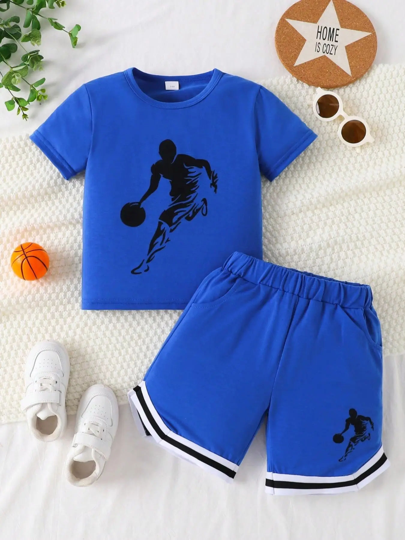 Two-piece Set Boy's Figure Print Short Sleeve Tee & Elastic Waist Shorts, Athletic Casual Round Neck T-shirt & Track Shorts, Summer Clothes for Kids O