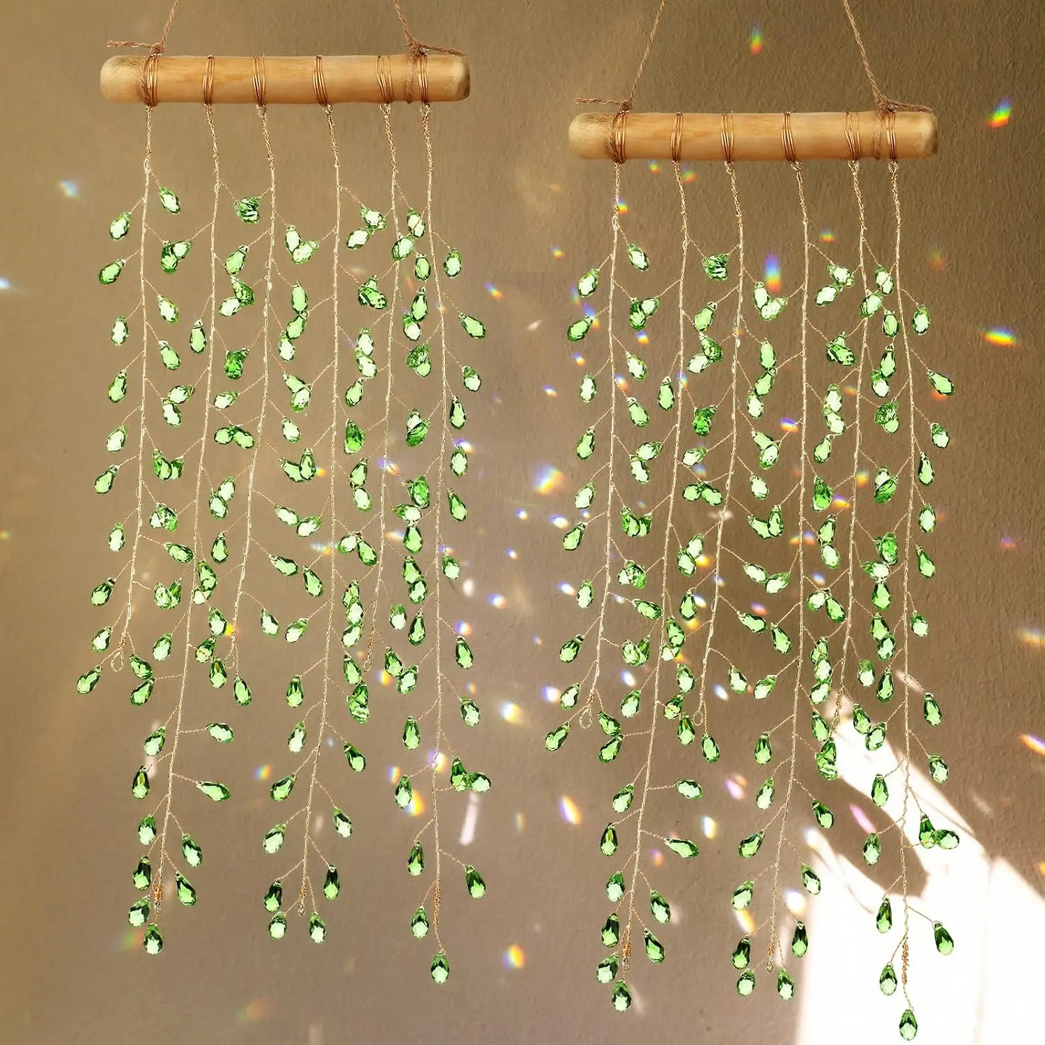 2 Pcs Crystal Suncatchers for Window Boho Decor Hanging Sun Catcher Making Rainbow Green Plants Artificial Crystal Prisms Wind Chime with Chain for Garden Home Wedding Ornament Gift