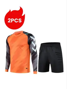 Two-Piece Set Men's Colorblock Long Sleeve Goalkeeper Top & Shorts Set, Breathable Quick Drying Football Training Top & Shorts, Football Goalkeeper Set