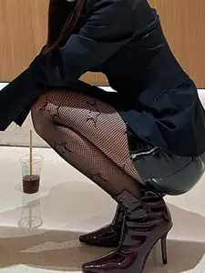 Pentagram Fishnet Stockings with Star Detail, Slim-Fitting Geometric Pattern, Elegant for Spring and Autumn, Sexy and Versatile
