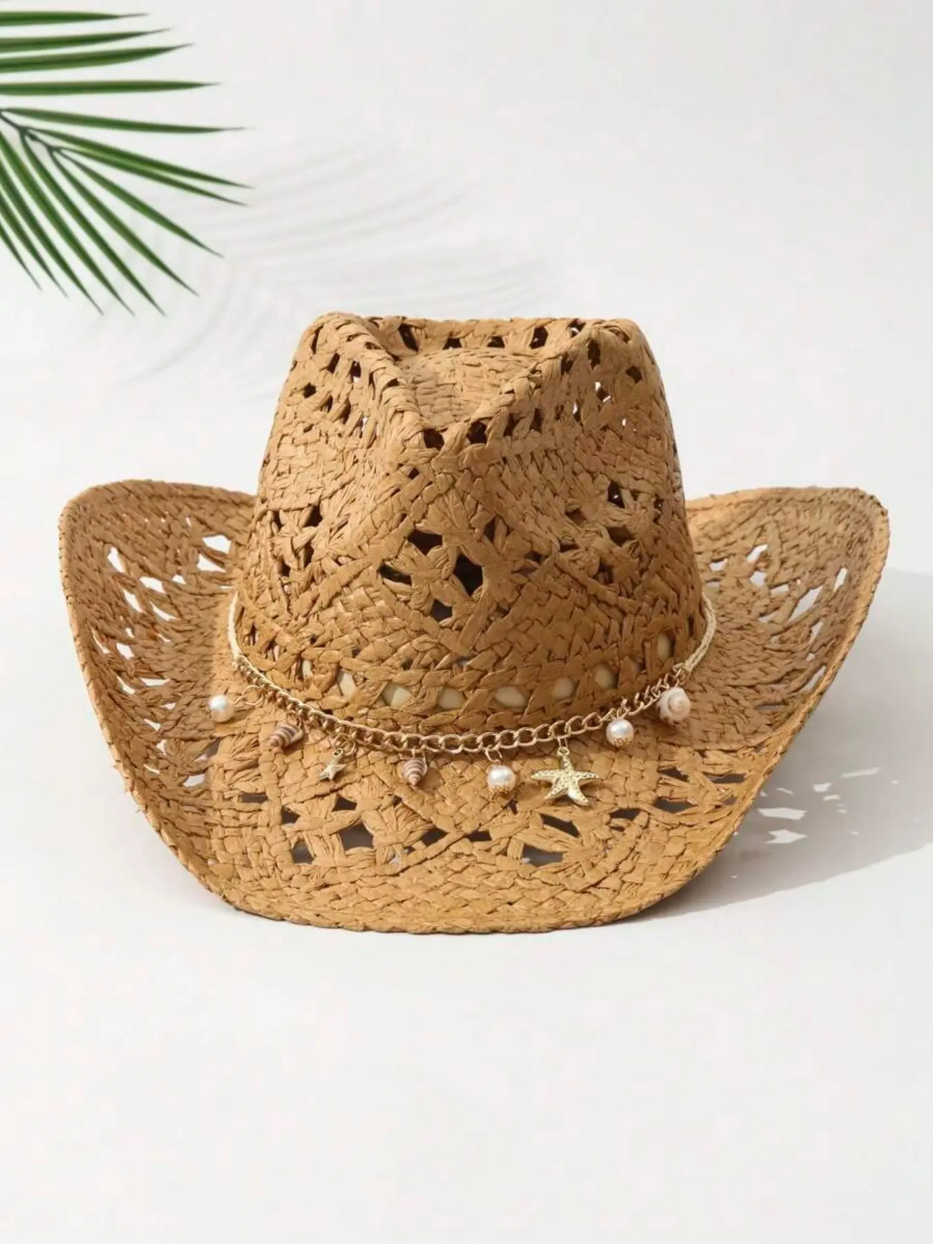 1pc Unisex Adjustable Cowboy Hat with Conch Decor, Hollow Cowgirl Style Casual Bohemian Sun Hat for Spring Summer, Travel Shade, Beach Straw Hat