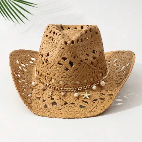 1pc Unisex Adjustable Cowboy Hat with Conch Decor, Hollow Cowgirl Style Casual for Spring Summer, Travel Shade, Beach Straw Hat, Lightweight Sun Hat
