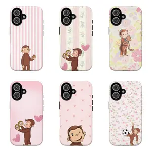 FL-Curious Georgee Pink Phone Case,Cute Cartoon Monkey & Floral Stripe Pattern Protective Cover For iPhone 11 12 13 14 15 16 17 Air Pro Max for Samsung S26 S25 S24 S23 S22 S21 Case,Gift for her/him