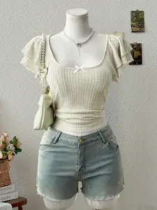 Women's Knitted Round Neck Bow Retro Elegant Cute T-Shirt, Spring Summer Fashion, Comfortable and Stylish Top for Daily Wear