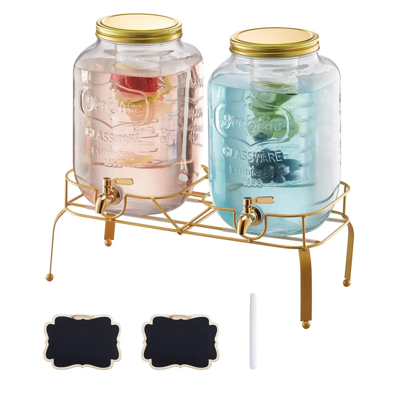 VEVOR 2-Pack 2-Gal Transparent Glass Beverage Dispensers with Metal Stand, Stainless Spigot, Infuser, Glass Pitchers, Iced Tea Pitchers for Lemonade, Water & Party Use, Lid, Jugs, Drink, Gallon Jug