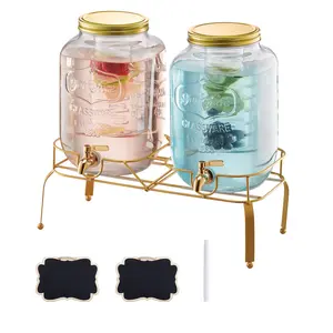 VEVOR Beverage Dispenser, 2 Pack 2 Gallon Drink Dispensers for Parties, Glass Juice Dispenser with Metal Stand, Stainless Steel Spigot, Infuser, Iced Tea Lemonade Juice Water Dispensers for Parties