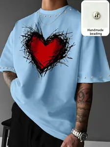 Men's Street Style Loose-Fit T-Shirt, Rhinestone Thorn Heart Print, American High Street Casual Top, Short Sleeve, Trendy and Versatile