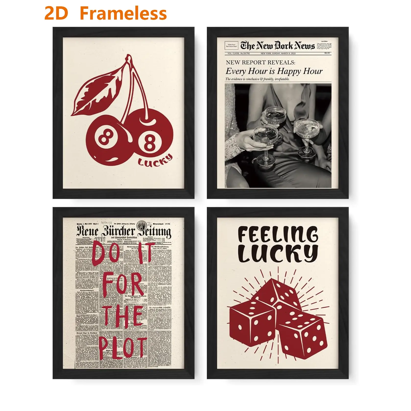 4-Piece Set / Fashionable Retro Y2K Red Lucky No. 8 Ball Cherry Dice Happy Hour Poster Unframed Wall Art Set, Bar Cart Decor, Y2K-Style Room Decor, Fashionable Home Decor, Preppy Room Decor, Vintage Room Decor, Frameless, Wall Decor Pictures, Artwork