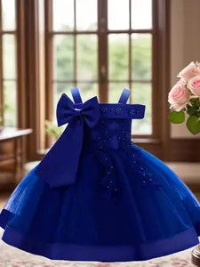 Girl's Floral Decor Bowknot Design Mesh Tulle Overlay Dress, Elegant A-line Princess Dress for Party Performance Wedding Guest, Kids Clothes for All Seasons