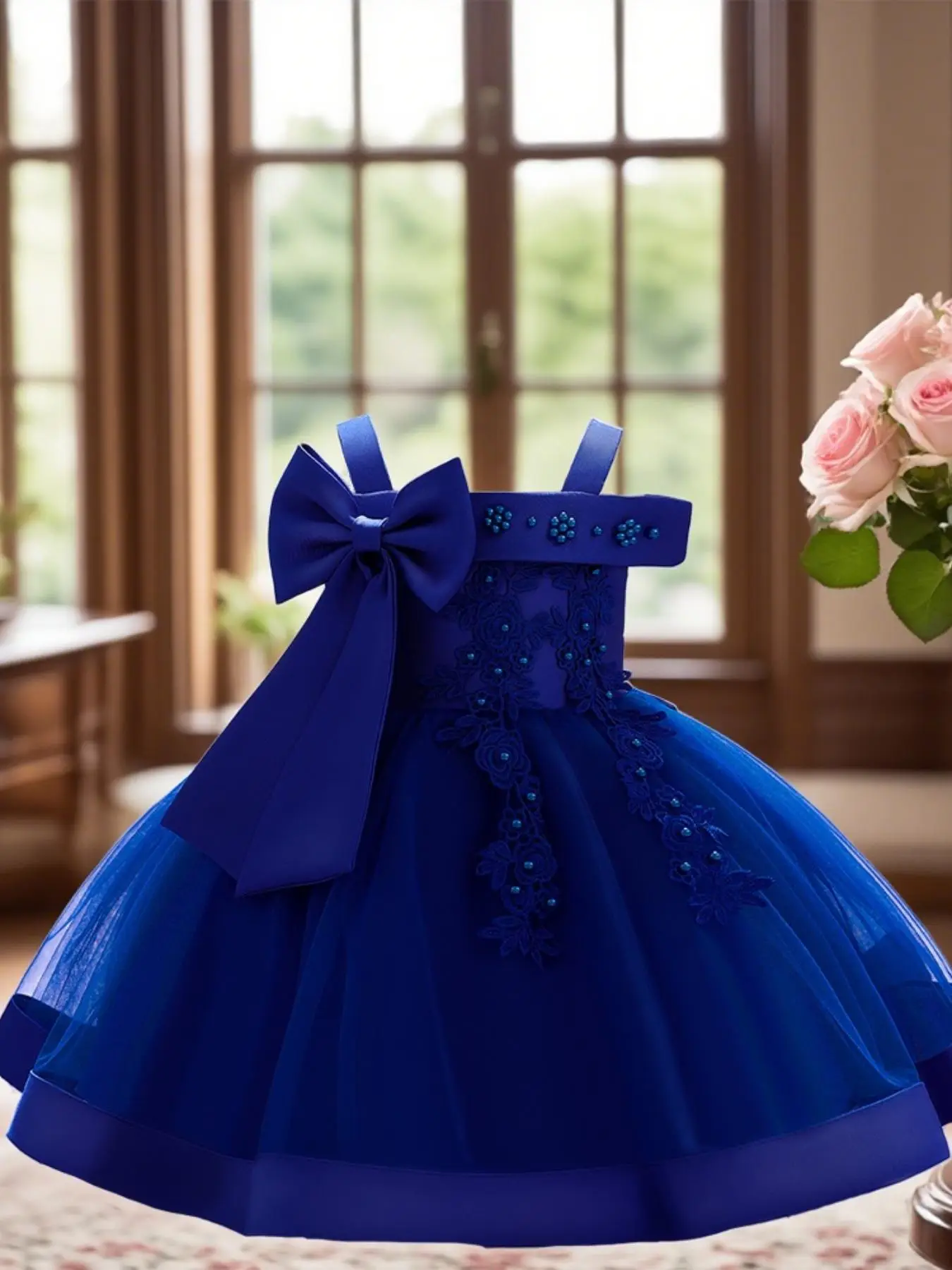 Girl's Floral Decor Bowknot Design Mesh Tulle Dress, Elegant A-line Princess Dress for Party Performance Wedding Guest, Kids Clothes for All Seasons