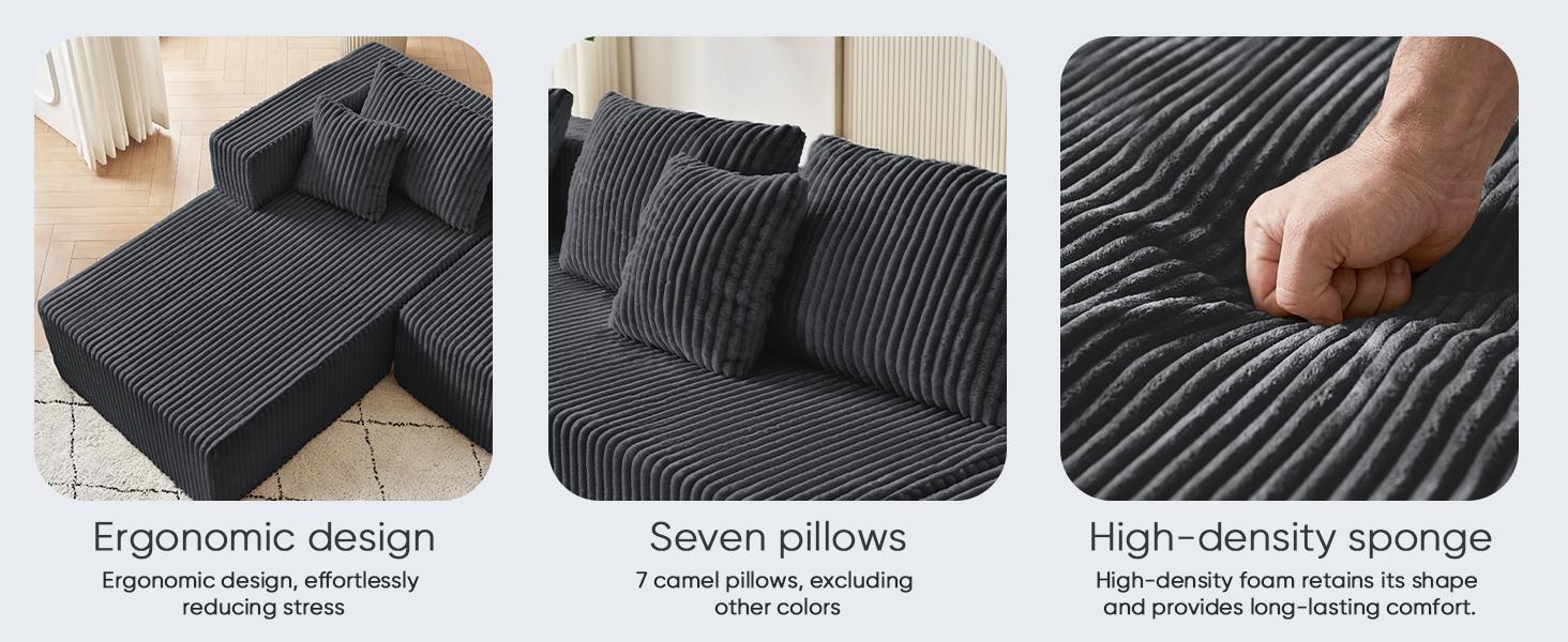 ModMood Compress Sofa Sectional 133x70" Oversized Corduroy Cloud Couch U-Shaped Modular Set with Chaise Ottoman 7 Pillows No Assembly Required Soft Plush Modern Modular Living Room Essential