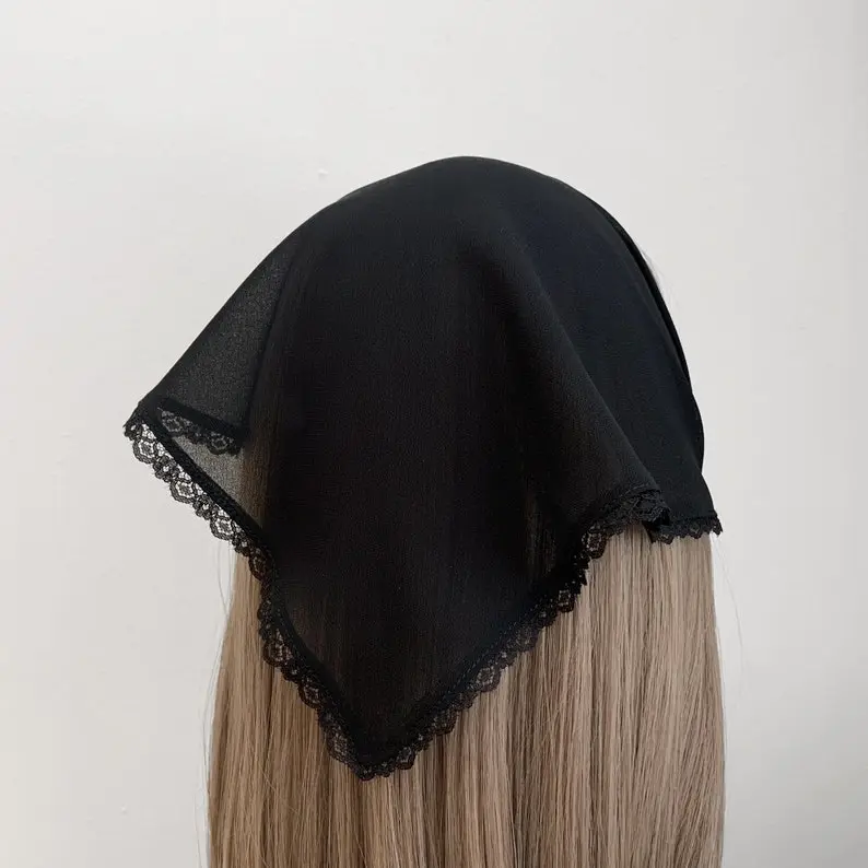 Black Chiffon Lace Trim Sheer Triangle Headband - Head Scarf, Wrap Elastic Headband, Kercheif, Hair Scarf, Hair Wrap, Hair Accessories