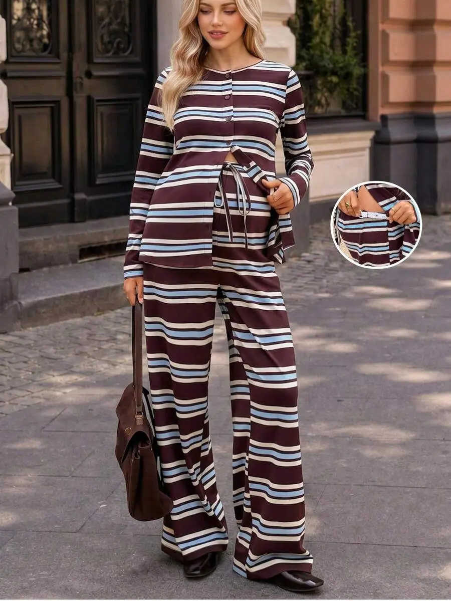 Maternity Crew Neck Striped Pattern Long Sleeve T-Shirt And Pants Casual 2-Piece Set Fall