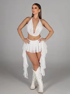 Women's Two-Piece Mesh Halter Top & Ruffle Hem Skirt Set, Perfect for Party and Fashion Daily Wear