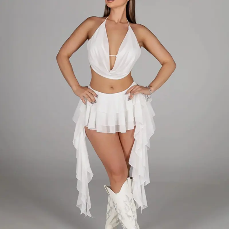 Women's Two-Piece Mesh Fitted Halter Top & Ruffled Hem Skirt Set, Perfect for Party and Fashion Daily Wear, Solid