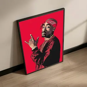 Tupac Shakur Red Bandana Poster, Hip Hop Rap Wall Art Print, 90s Music Icon Illustration, Bold Red Background Decor, Unframed, Gift for Fans