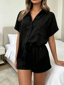 Two piece set of women's fashionable casual short sleeved shirt+drawstring shorts, with a pleated texture design, suitable for summer, commuting to work, shopping and outdoor wear