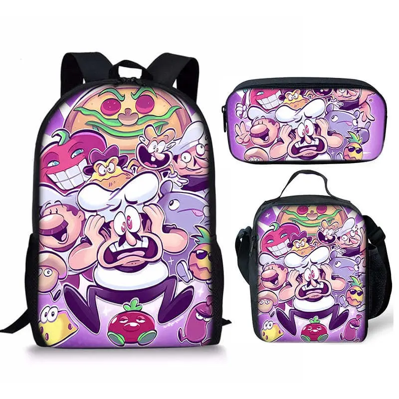 Pcs Pizza Tower Game Logo Backpack Set, White Base Gaming Kids School Bag with Lunch Bag & Pencil Case