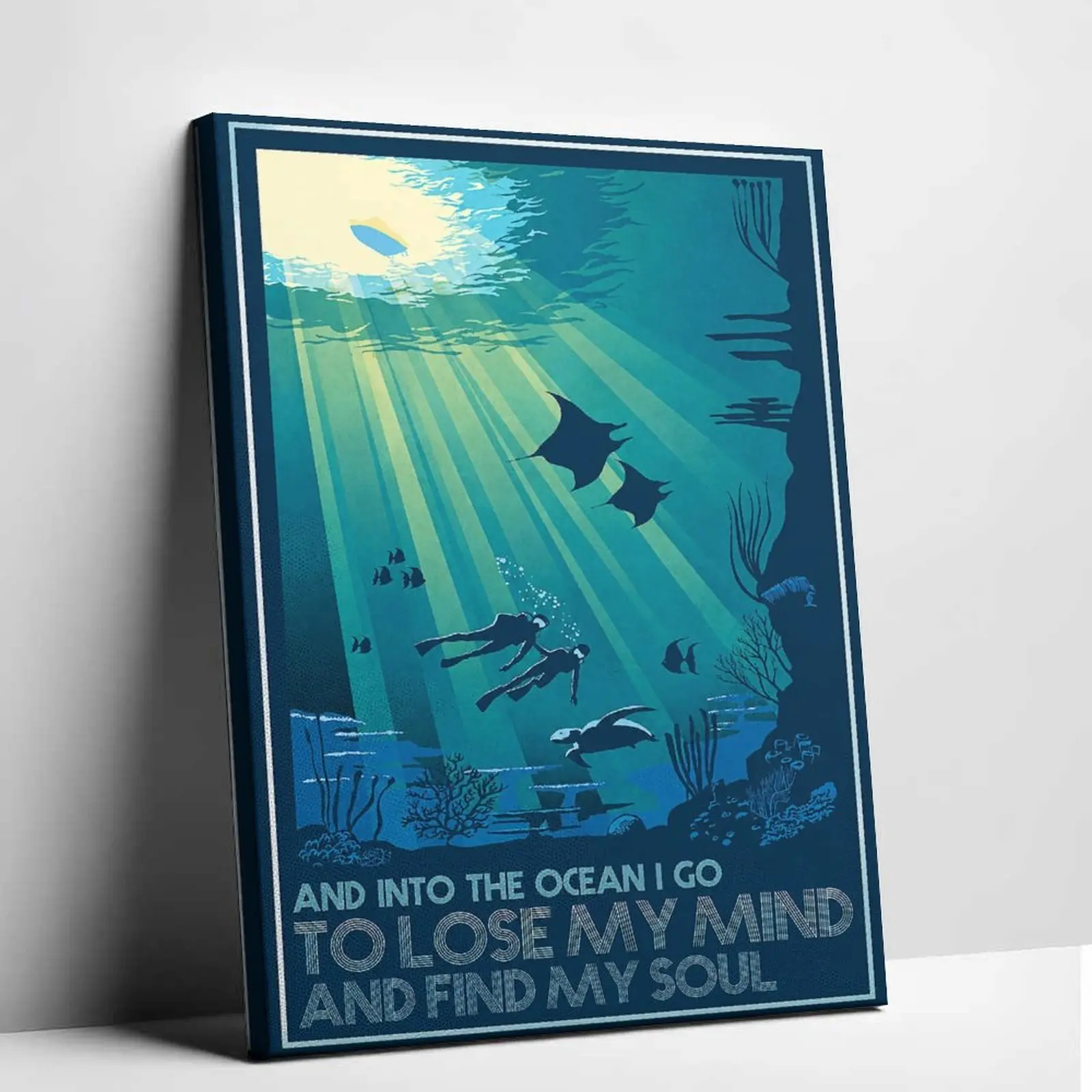 Ocean Core Marine Life Canvas Print - Scuba Diving Poster with Manta Ray, Sea Turtle, Sunbeams - Undersea Wall Art for Living Room, Bedroom - Trendy Coastal Home Decor, Living Room Decor