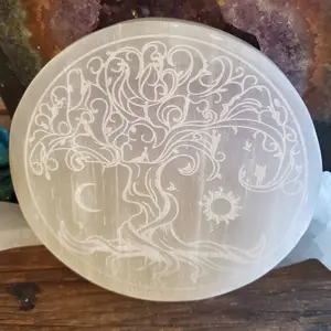 Tree of Life Etched Selenite Plate, Morrocan Selenite Etched Tree of Life Cleansing Plate