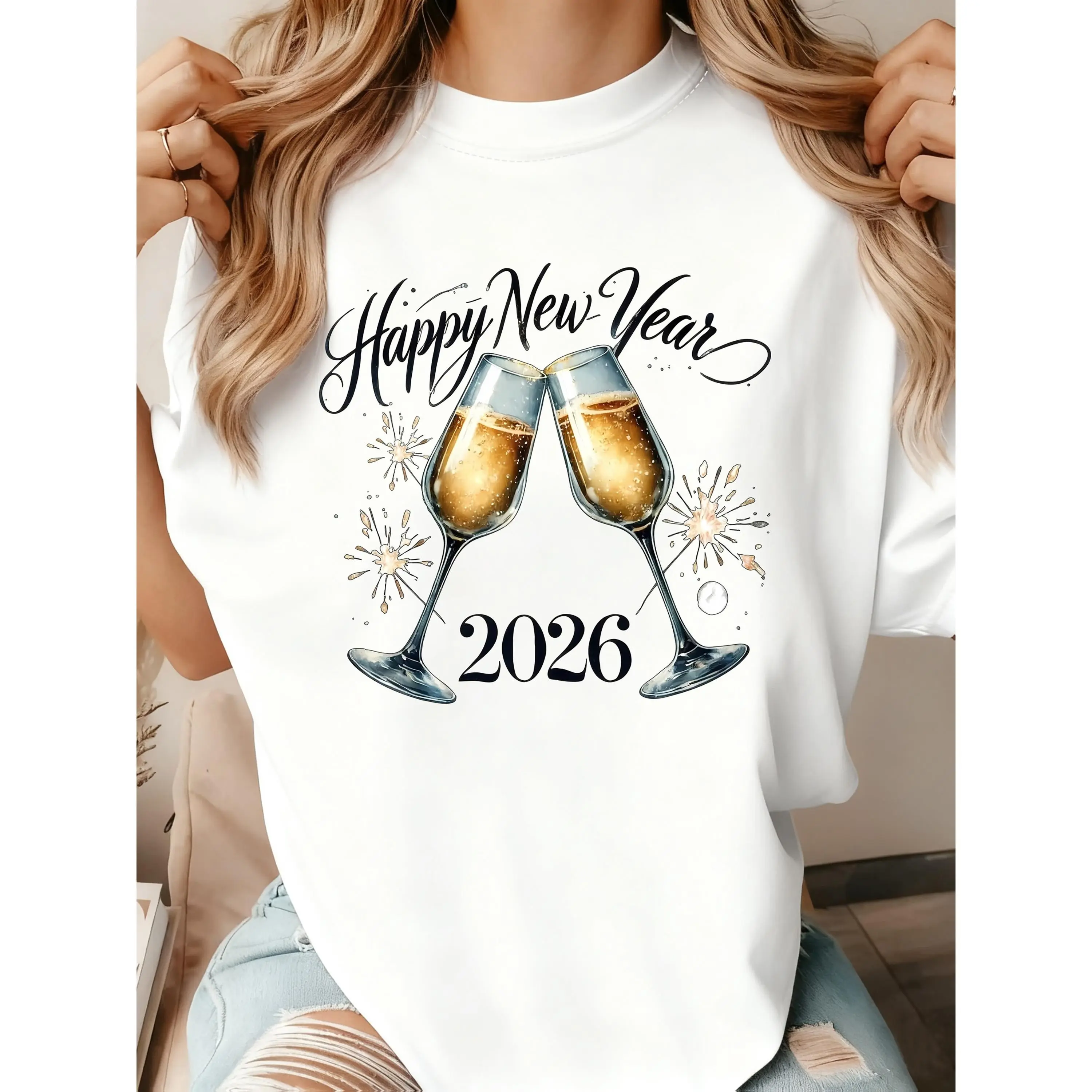 Women's Hello 2026 New Year Champagne & Golden Foil T-Shirt - Semi-Sheer Short Sleeve Round Neck Casual Top with Champagne Print, Golden Confetti & Cheers Design for NYE Parties, Holiday Celebrations & Casual Attire (Regular Fit) -