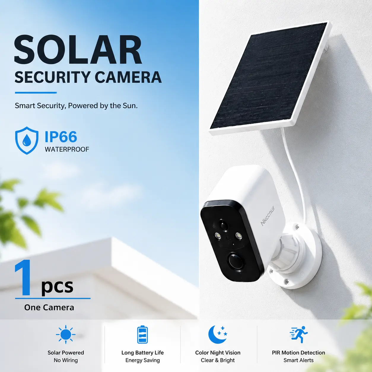 NKCCNUR 1/2pcs Outdoor Solar Camera, 960P, Wi-Fi Connection, HD Night Vision, IP66 Waterproof, Two-Way Audio, Smart Motion Detection, Encrypted Cloud Storage.