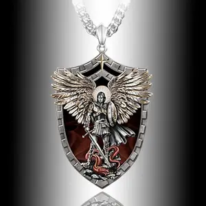 Stainless Steel Necklace for Men Warrior Guardian Holy Angel Saint Michael Pendant Necklace Men Knight Shield Necklace Jewelry Gift
