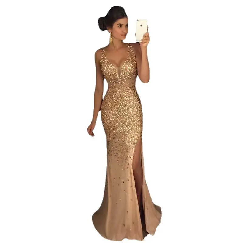Women’s Metallic Foil V Neck Maxi Dress, Sleeveless High Waist A-Line Evening Gown, Side Slit Sparkly Formal Dress for Wedding Guest, Banquet, Dinner and Holiday Party Looks S-XXL