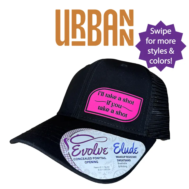 Take a Shot Ponytail Hat - Evolve Elude Black Cotton Trucker Cap with Neon Pink Patch & Concealed Opening