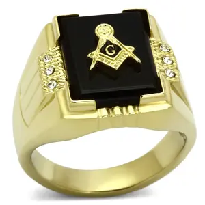 Men's Black Agate Masonic Lodge Freemason Ring Stainless Steel Yellow Gold Plated