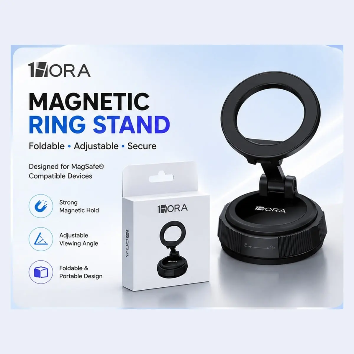 MagSafe Magnetic Car Mount & Ring Stand for iPhone, Strong Magnet Compact Fold Dual-Purpose Accessory, Adjustable View Universal Fit Dashboard-Desk Holder