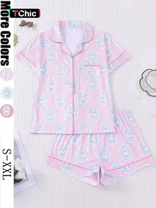 Women's Spring Summer Pyjama Set, Loungewear, Cute Gentleman Duck Print, Comfortable Shirt Collar Short Sleeve Top & Loose Elastic Shorts