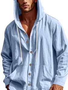 Men's Autumn Winter Long Sleeve Hooded Shirt, Classic Linen Fabric Casual Workwear, Button Closure, Loose Fit, Perfect for Fashion Lovers