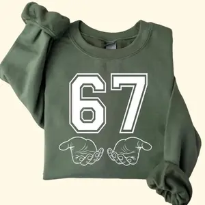 67 Meme Sweatshirt, Funny Six Seven Viral TikTok Graphic Sweater, Trending Unisex Pullover, Cozy Olive Green Crewneck, Casual Winter Outfit Gift Idea for Men and Women