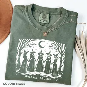 Comfort Colors Girls Will Be Girls Witch T-Shirt, Vintage Halloween Tee, Funny Witchy Graphic TShirt, T-Shirt For Women, Cotton Basic Tee For Women