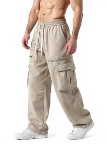 Menswear Men’s Cargo Pants - 1-Piece Elastic Waistband with Drawstring, Multiple Pockets, Loose Wide-Leg Street-Style Casual Long Pants, Loose Men's Pants