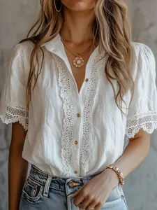 Women's Lace Trim Short Sleeve Shirt Blouse, Collared Design Pure Color Top, Spring Summer Elegant French Style