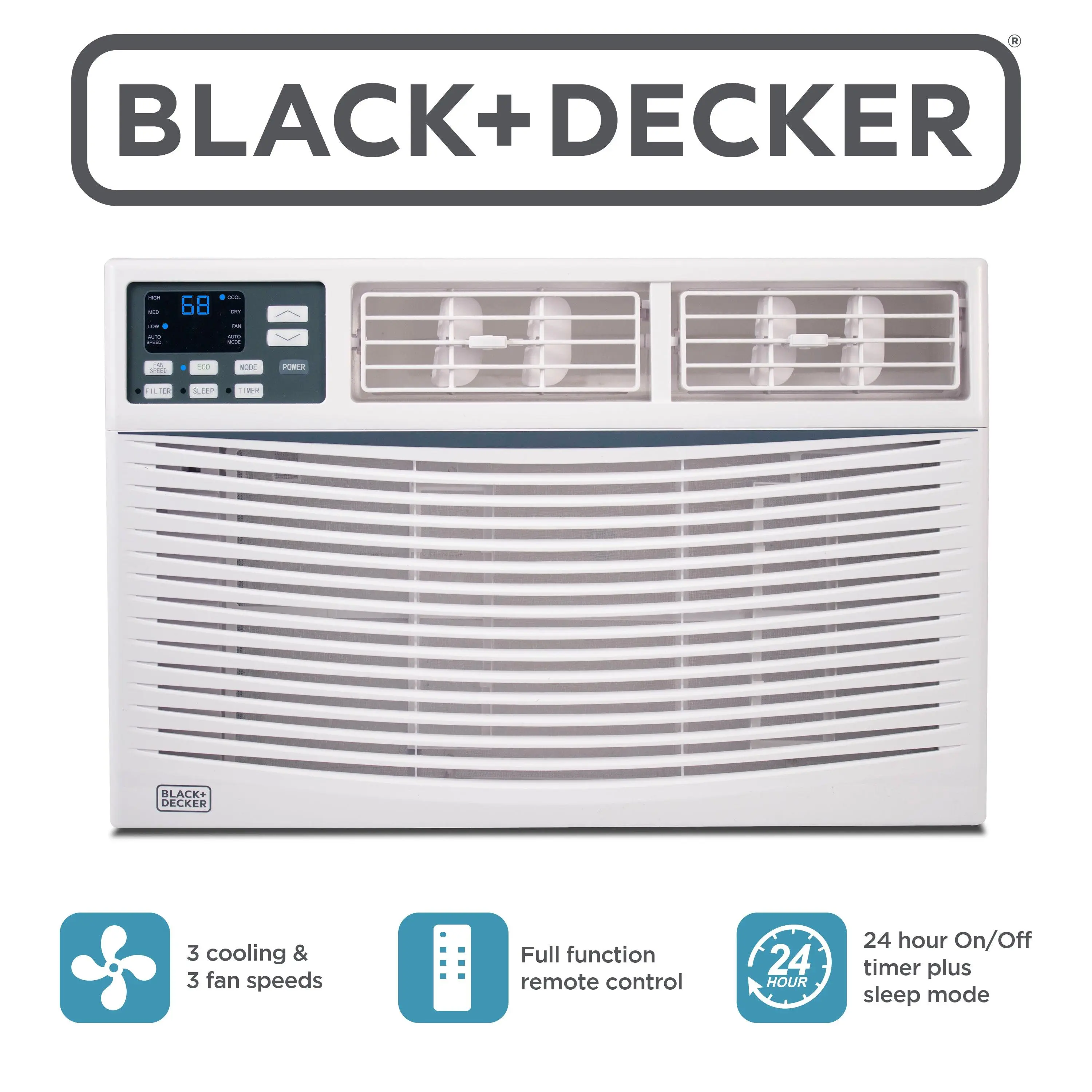 BLACK+DECKER Window Air Conditioner 10,000 BTU, AC Window Unit Cools Up to 450 Square Feet, AC Unit with Remote Control, 3 Cooling Speeds and Fan Only Function, BWAC10WTB, White