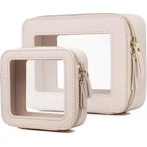 Clear Makeup Bag Waterproof Travel Case for Cosmetics and Toiletries Women's Purse Organizer and Clear Car Bag with Zipper (Beige, M+MINI)