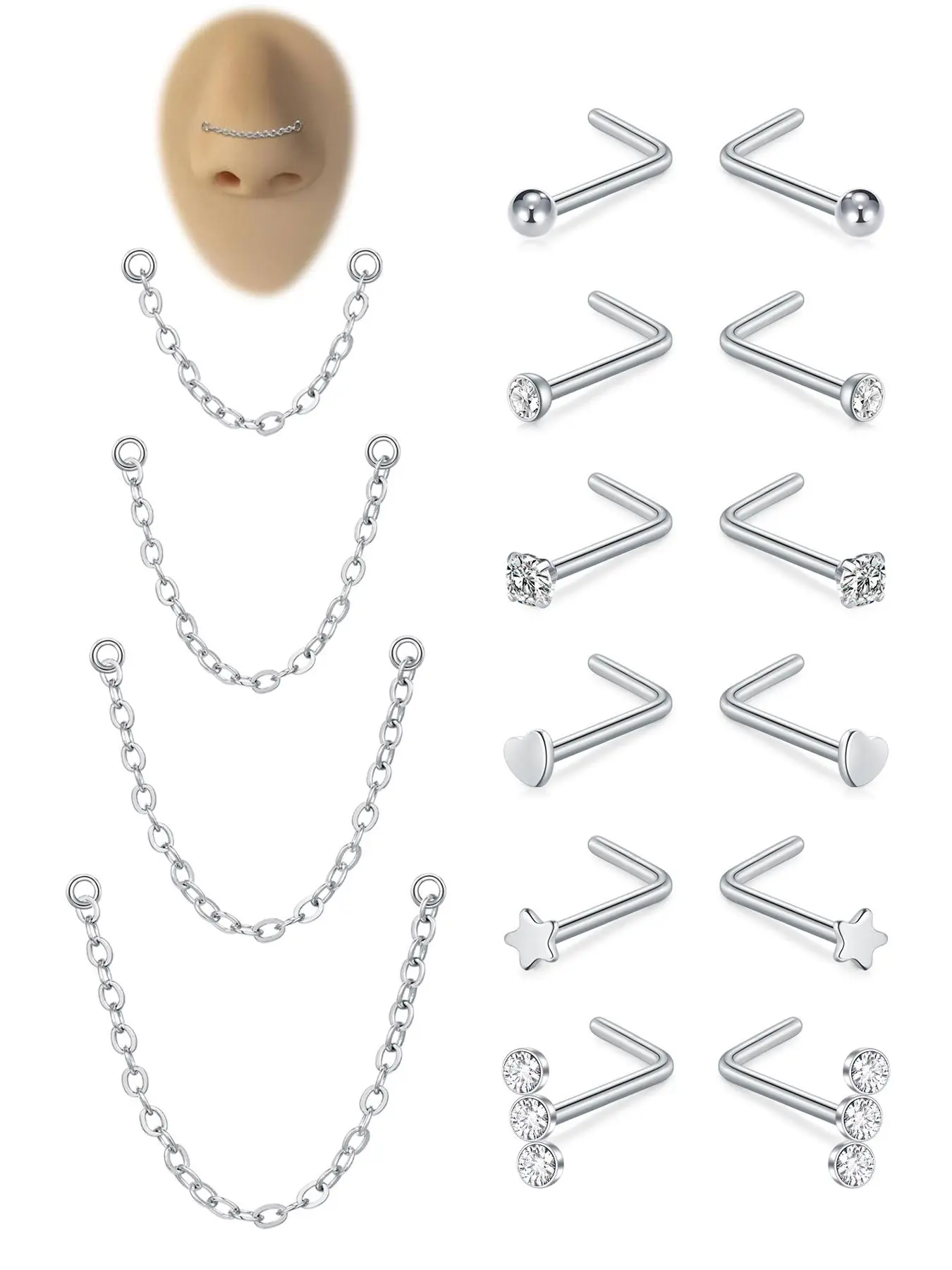 Punk Style Nose Ring & Chain Set, Stainless Steel Nose Piercing Jewelry for Women & Men, Chic Body Jewelry, Trendy All-match & Exquisite Jewelry for Birthday Gift, Body Jewellery