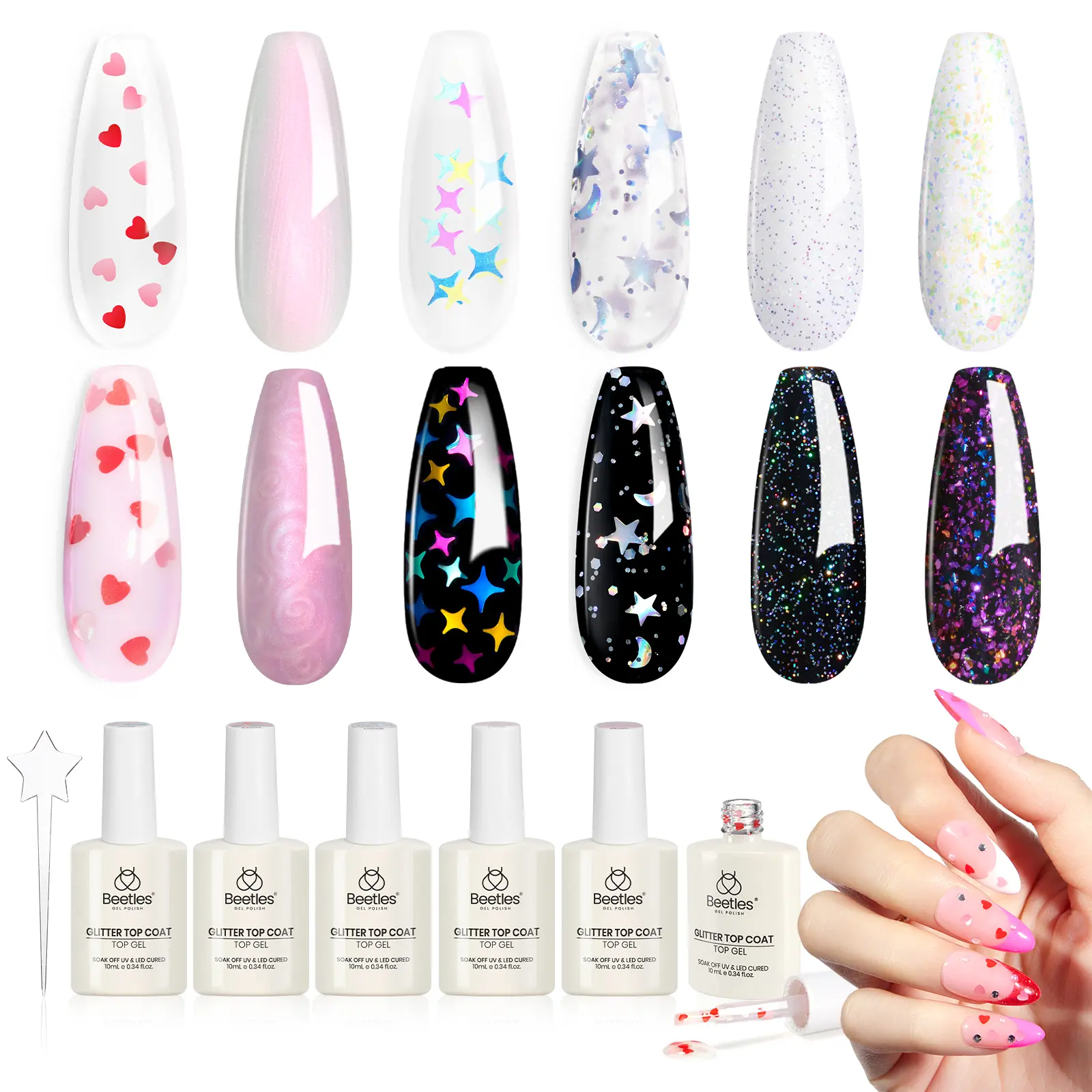 6 Styles Heart Star Glitter Top Coat Set