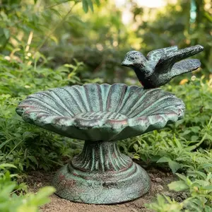 Sunflower Bird Bath and Feeder, Verdigris Cast Iron Pedestal